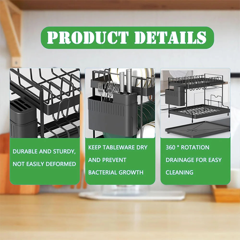 Detachable Dish Drying Rack with Drain Board and Utensil Holder Large Two Tier Dish Drying Rack for Kitchen Counter