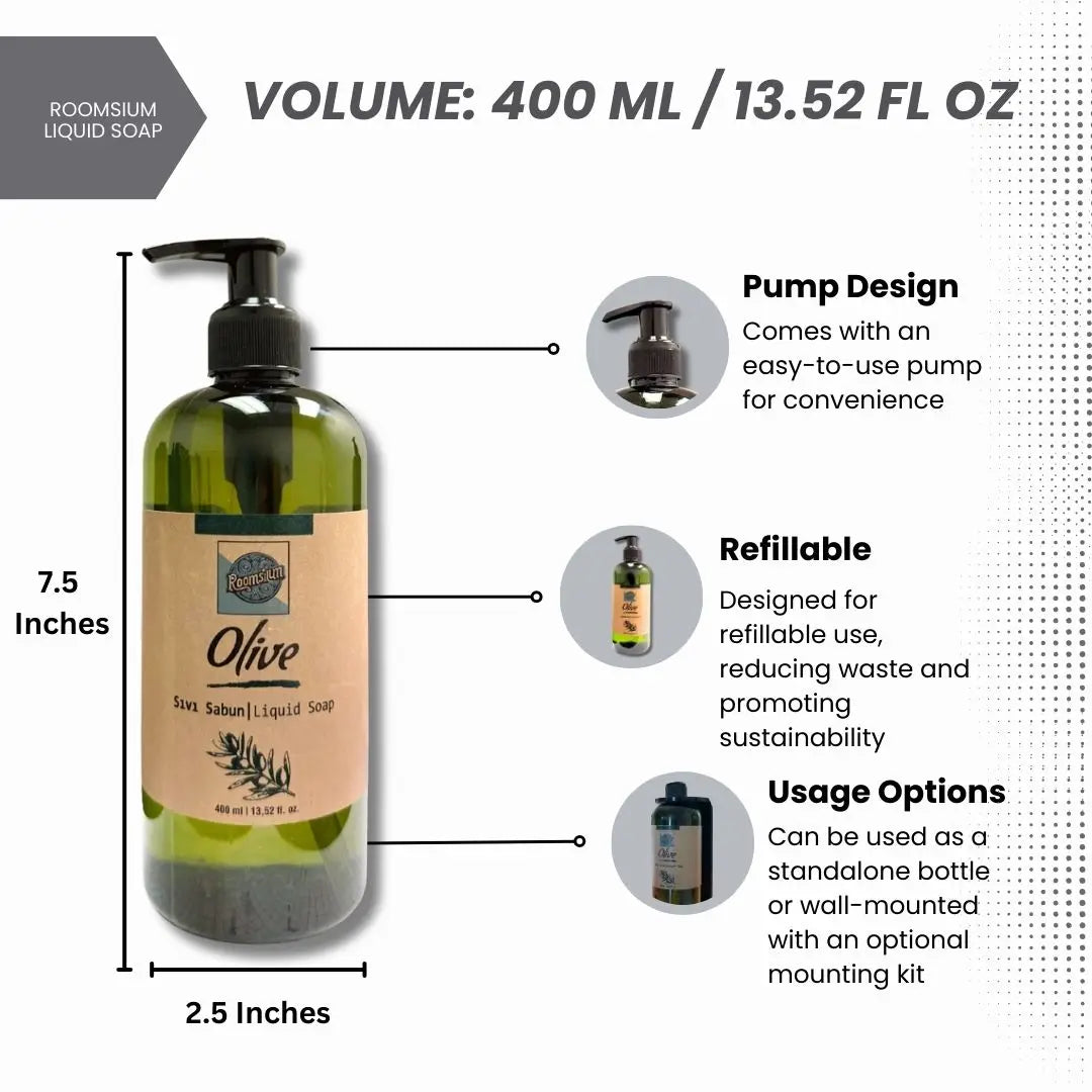 Roomsium Olive Care Set | Shampoo, Shower Gel & Liquid Soap | Refillable, Eco-Friendly & Mediterranean Luxury (3 of Set)