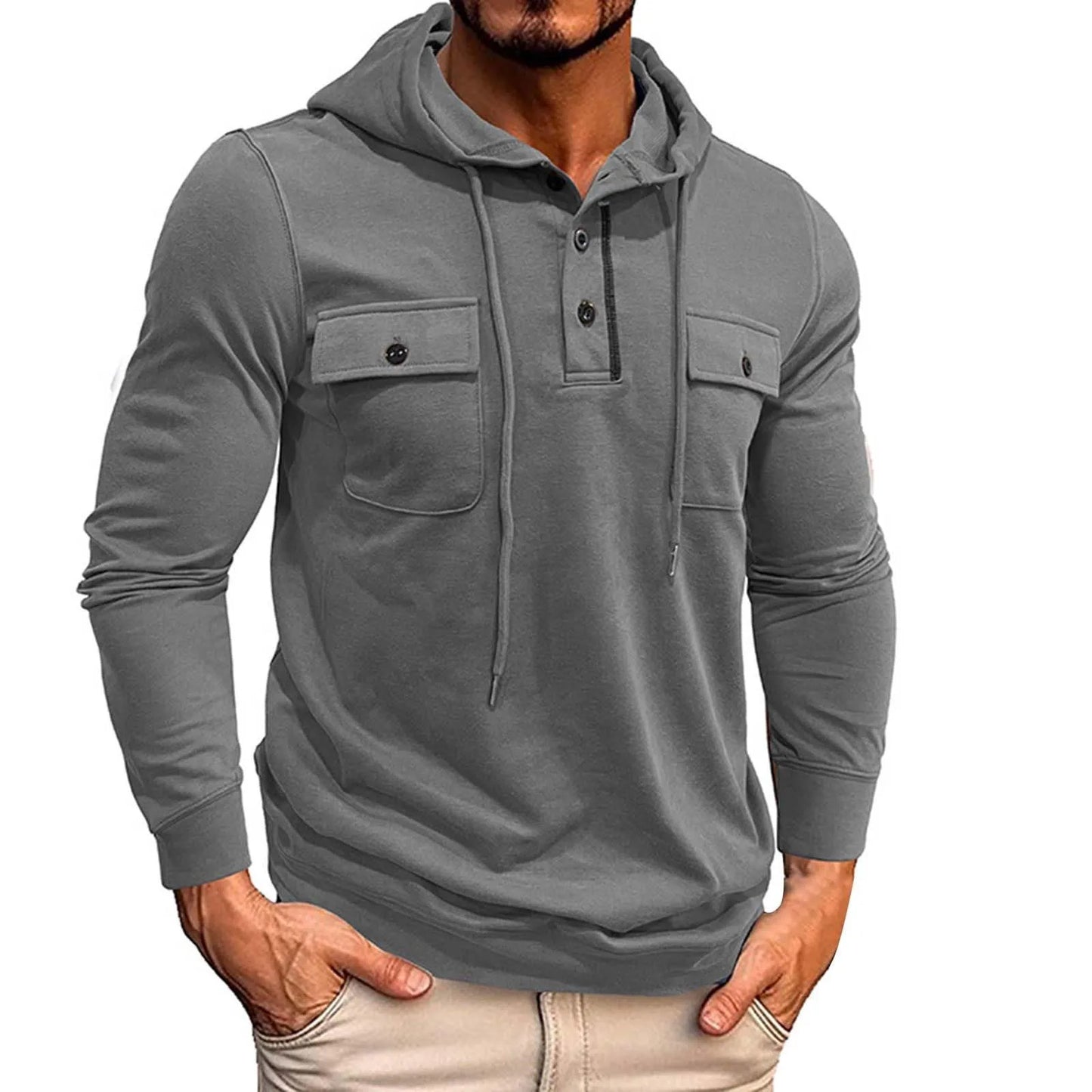 Men Casual Patchwork Pockets Hoodie Streetwear Mens Hoodies 2024 Fall Fashionable Solid Color Long Sleeve Hooded Sweatshirts For