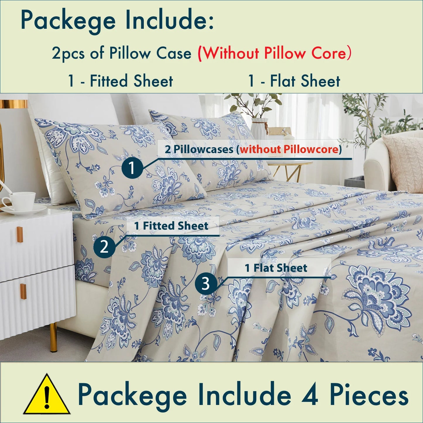 4 Pieces 600TC 100 Percent Egyptian Cotton Sheet Set Blue Boho Damask Paisley Floral Soft Skin Friendly