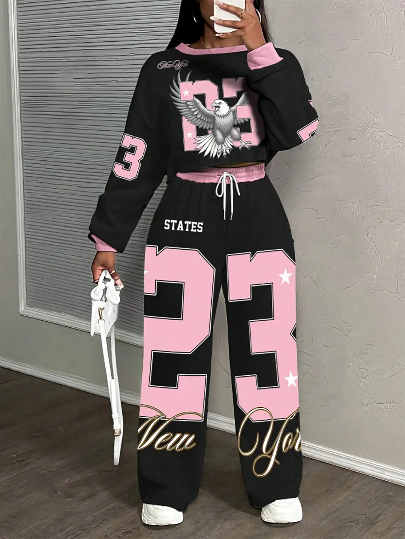 Slaydiva Casual Sports Street Style Women's Loose Fit 2 Pieces Set With Eagle, Number 23, Star And Letter Graphic,