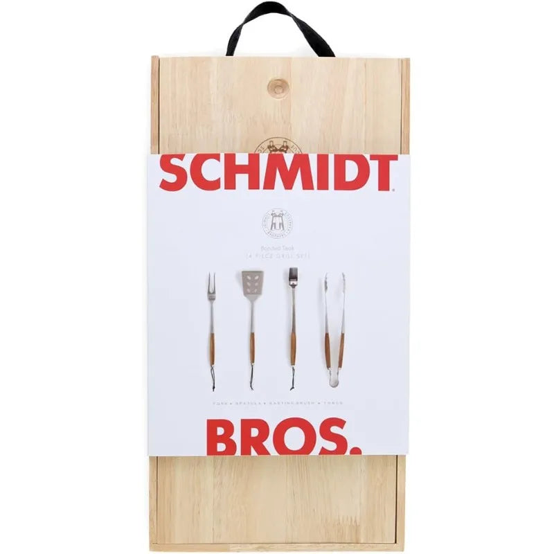 Schmidt Brothers BBQ Bonded Teak 4 Piece Grilling Accessory Set Full Forged Stainless Steel Grilling Utensils