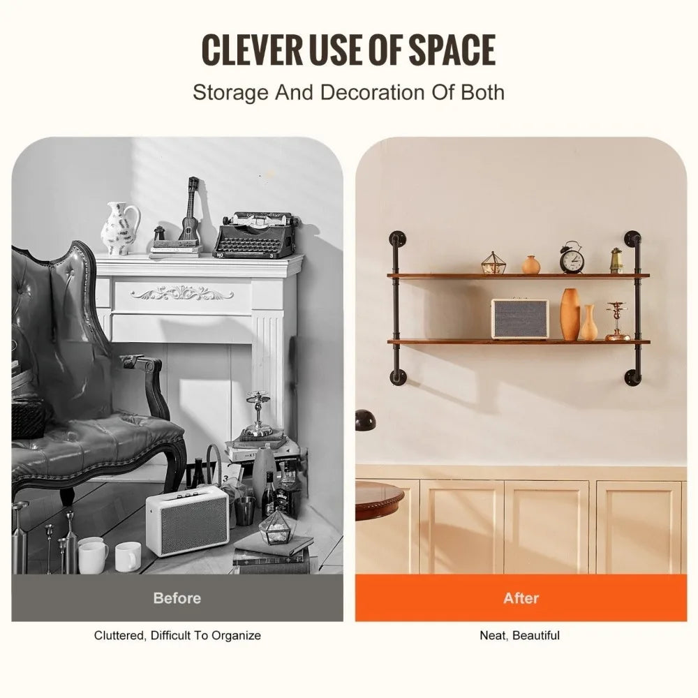 2 Tier Industrial Pipe Shelf 48x9.84 Inches Wall Mounted Storage Solution for Kitchen and Bedroom Organization