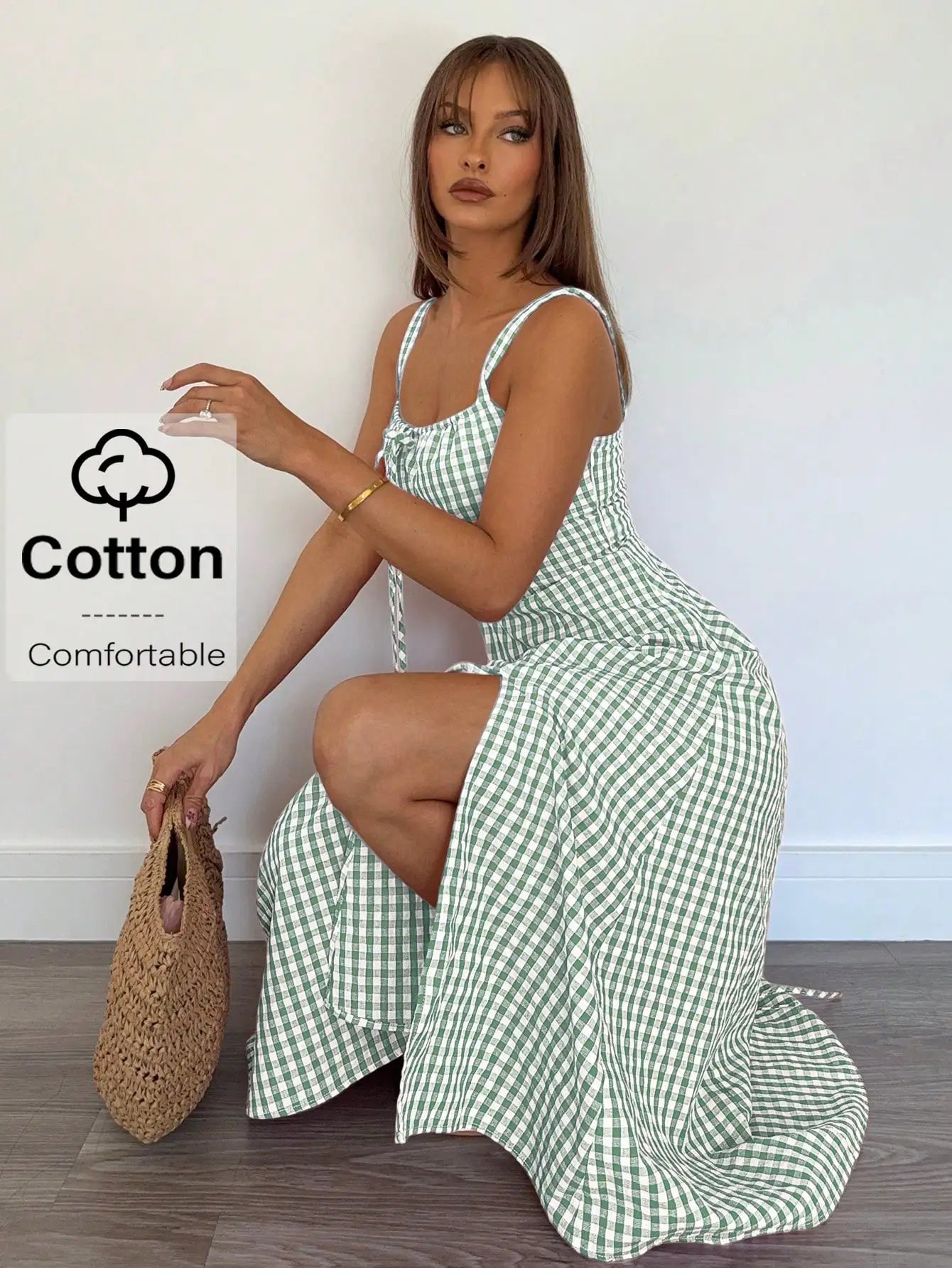 Red Gingham Women's Mid-Calf Dress with Spaghetti Straps, Casual Summer Style, Cotton Comfortable Fit