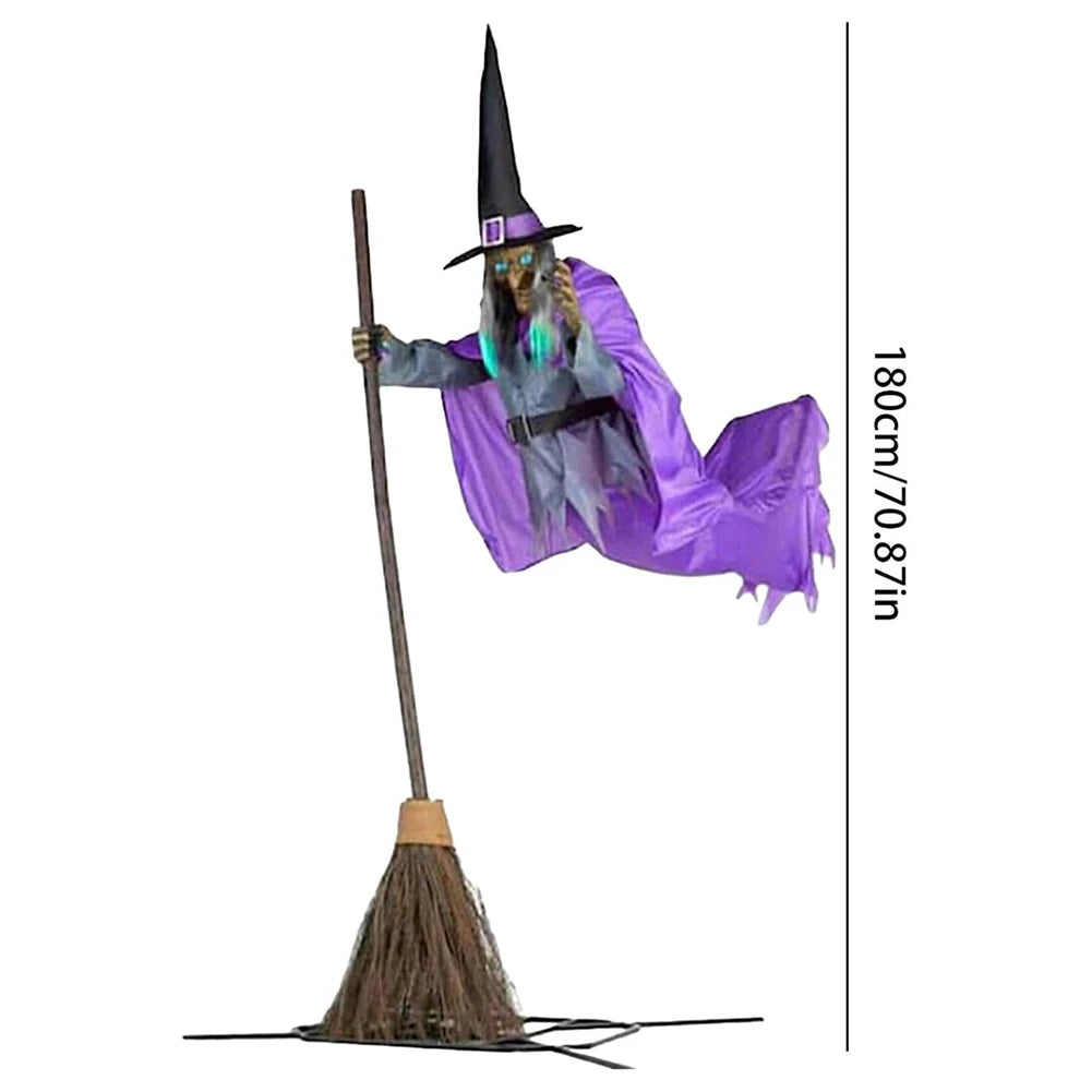 Flying Witch Decoration with Scary Sounds and Lights Halloween Props Broom Prop for Garden Yard Lawn Indoor