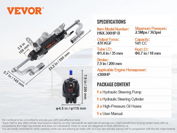 VEVOR Hydraulic Outboard Steering Kit 90HP/150HP/300HP with Helm Pump and 24FT/26Ft Hose for Single Station Single-Engine Boats