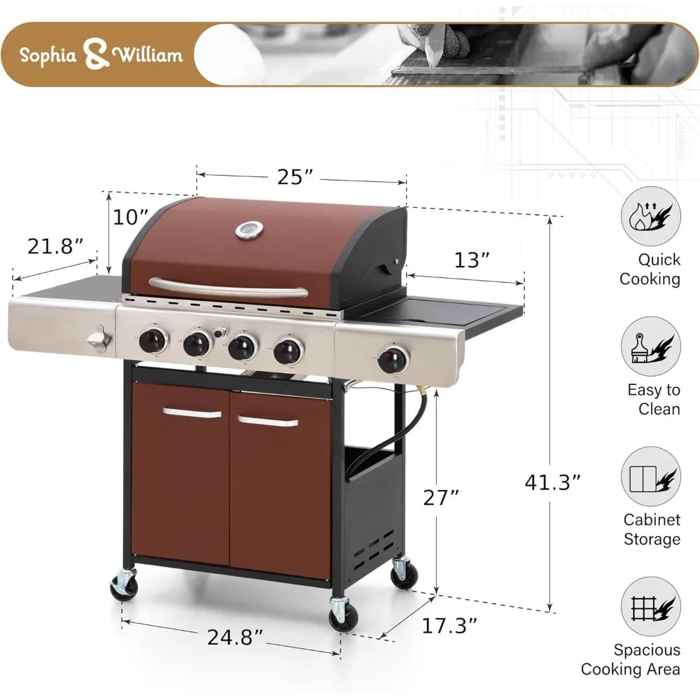 Sophia and William 4 Burner Propane Gas Grill Stainless Steel BBQ Grill with Side Burner and Porcelain Enameled Cast Iron Grates 42