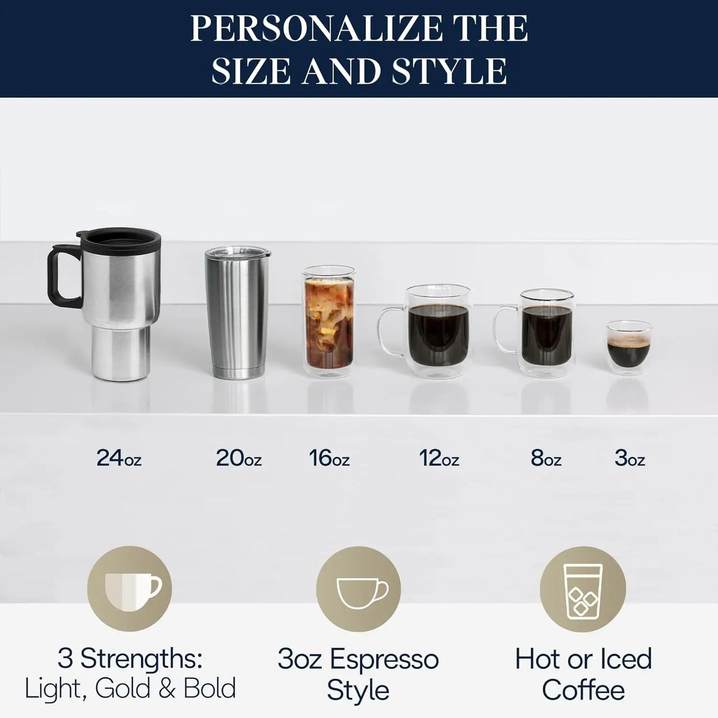 True Brew Drip Coffee Maker, Built in Grinder, Single Serve, 8 oz to 24 oz, Hot or Iced Coffee, Stainless, CAM51025MB