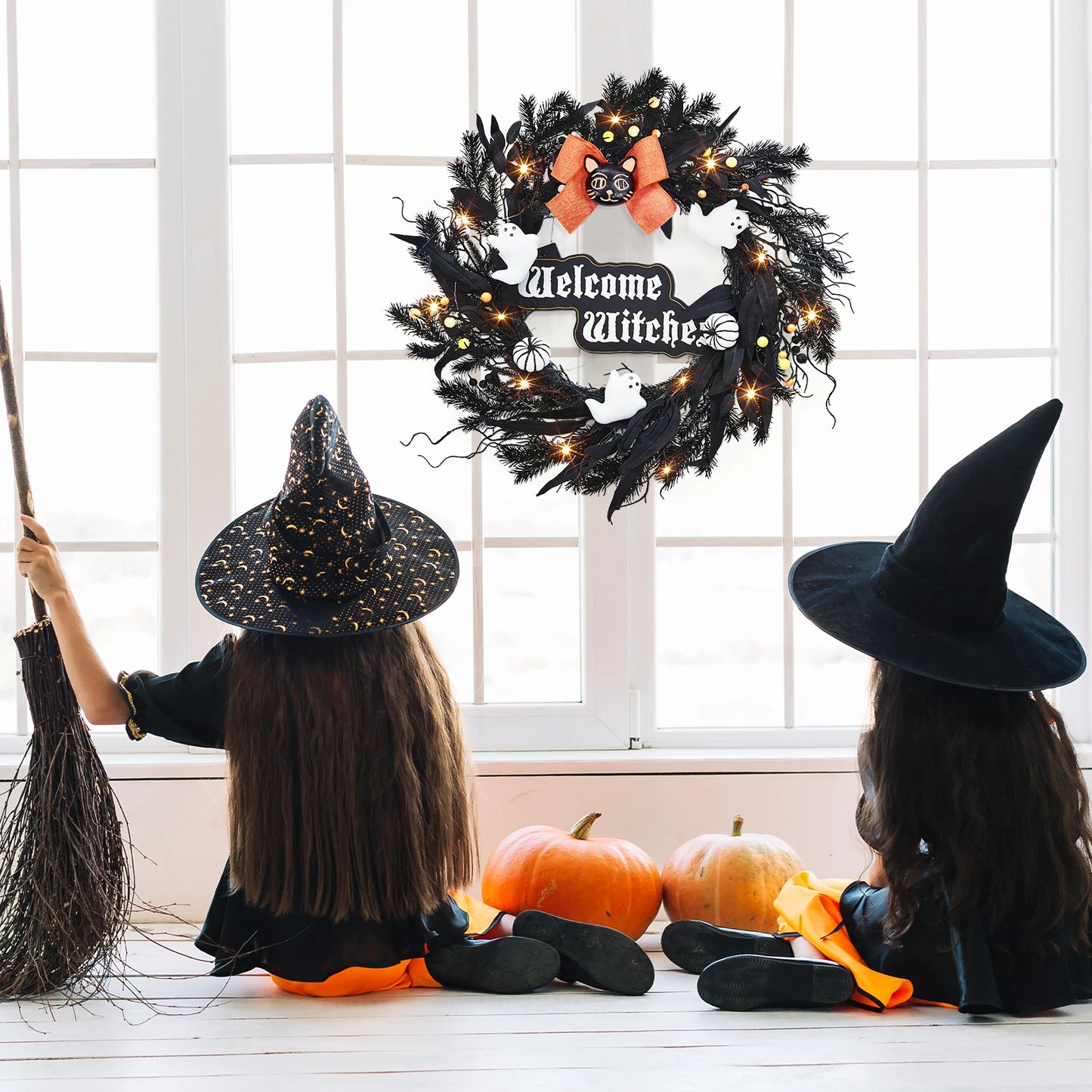 Halloween Wreath for Front Door 22 Inch Black Cat White Ghost Pumpkin and Welcome Witches Sign