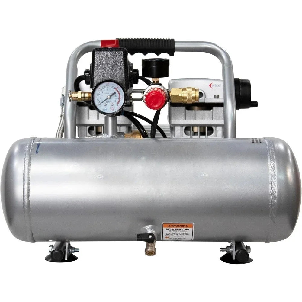 1.0 HP Ultra Quiet Oil Free Air Compressor 2 Gallon Aluminum Tank 60 dBA Noise Level Silver