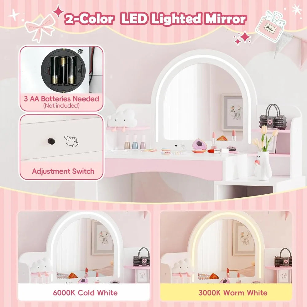 Princess Makeup Vanity Desk with Open Bookshelf Storage Cabinet and Shelves 2 in 1 Toddler Vanity Table White