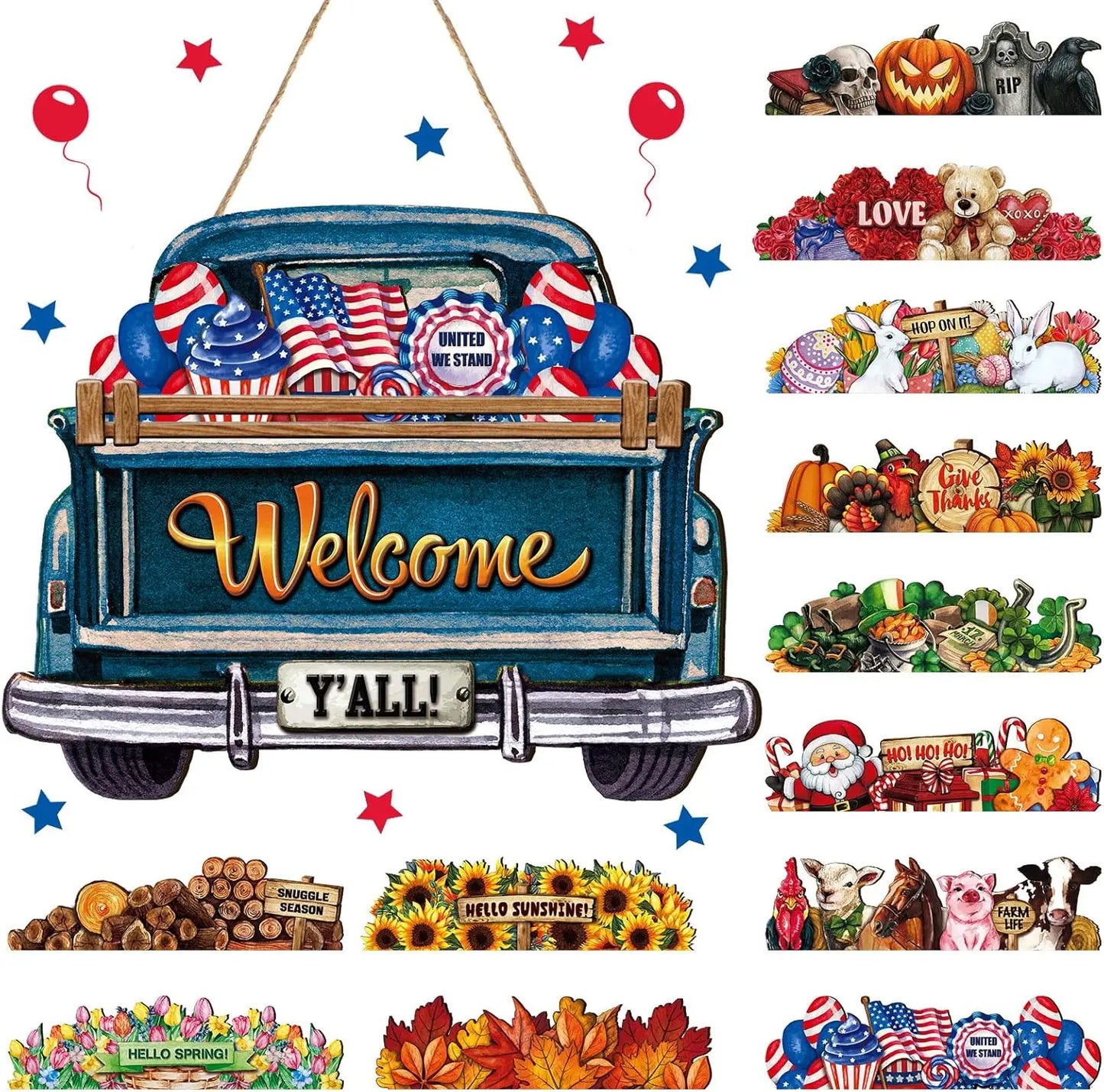 Interchangeable Welcome Sign Truck Decor Hanging Sign with 12 Holiday Icons Farmhouse Seasonal Welcome Signs Rustic Decor Gifts