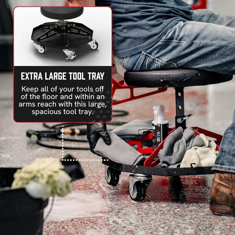 Robust Steel Sport Shop Chair for Mechanics, Automotive, DIY - 300 lb Capacity Garage Stool with Backrest and Large Wheels