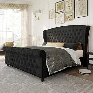 AMERLIFE Queen Size Platform Bed Frame: Chenille Upholstered Elegance with Scroll Wingback Headboard and Button Tufted Details