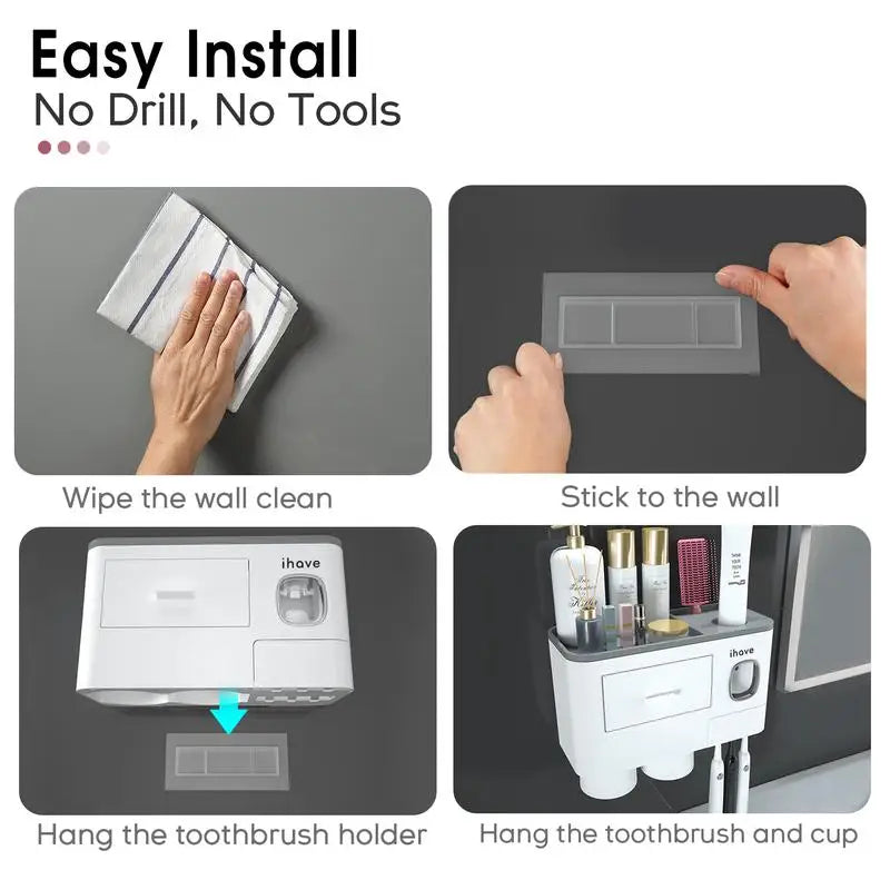 Ihave Toothbrush Holders for Bathrooms 2 Cups Toothbrush Holder Wall Mounted with Toothpaste Dispenser Large Capacity Tray