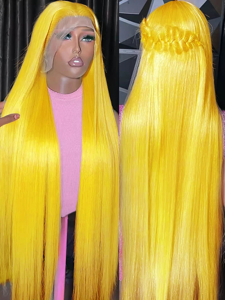 Bright Lemon Yellow 13x4 13x6 Transparent HD Lace Frontal Wig Brazilian 100 Percent Raw Human Hair Bone Straight Cosplay Wig