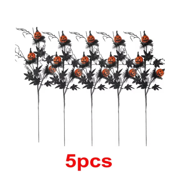 1/5/10pcs Halloween Branches Fake Twig with Maple Leaf Pumpkin Berries Flower Black Creepy Bouquet for Halloween Party Decor