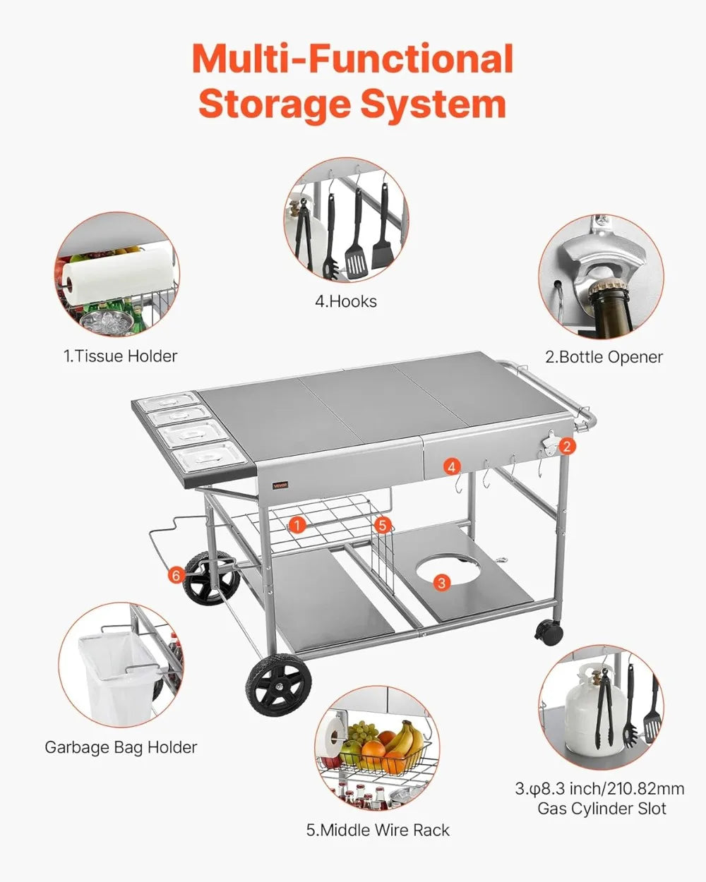 Outdoor Grill Cart with Wheels, 36.4x23.4 Inch Tabletop, Movable BBQ Prep Table for Picnic Kitchen Courtyard