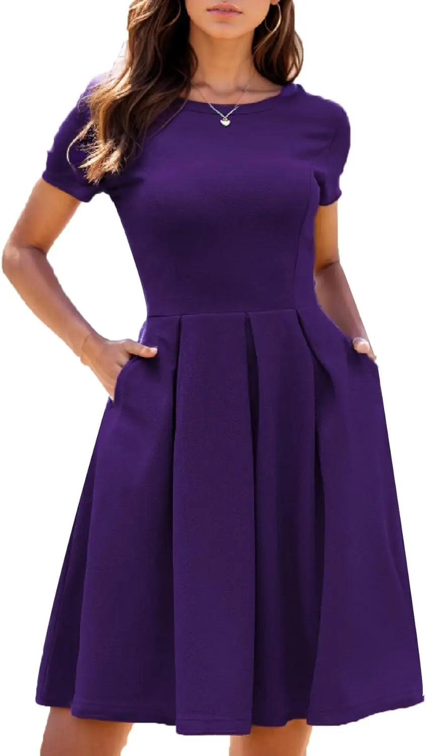 Red A-Line Short Sleeve Dress with Pockets for Women, Summer Party Church Bridesmaid Graduation Occasion
