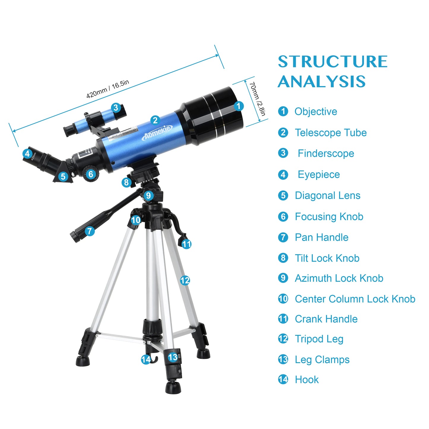 Professional Astronomical Telescope 400mm Focal Length 70mm Lens Max 120X with High Tripod Mobile Holder and Travel Bag for Adults and Kids Gift