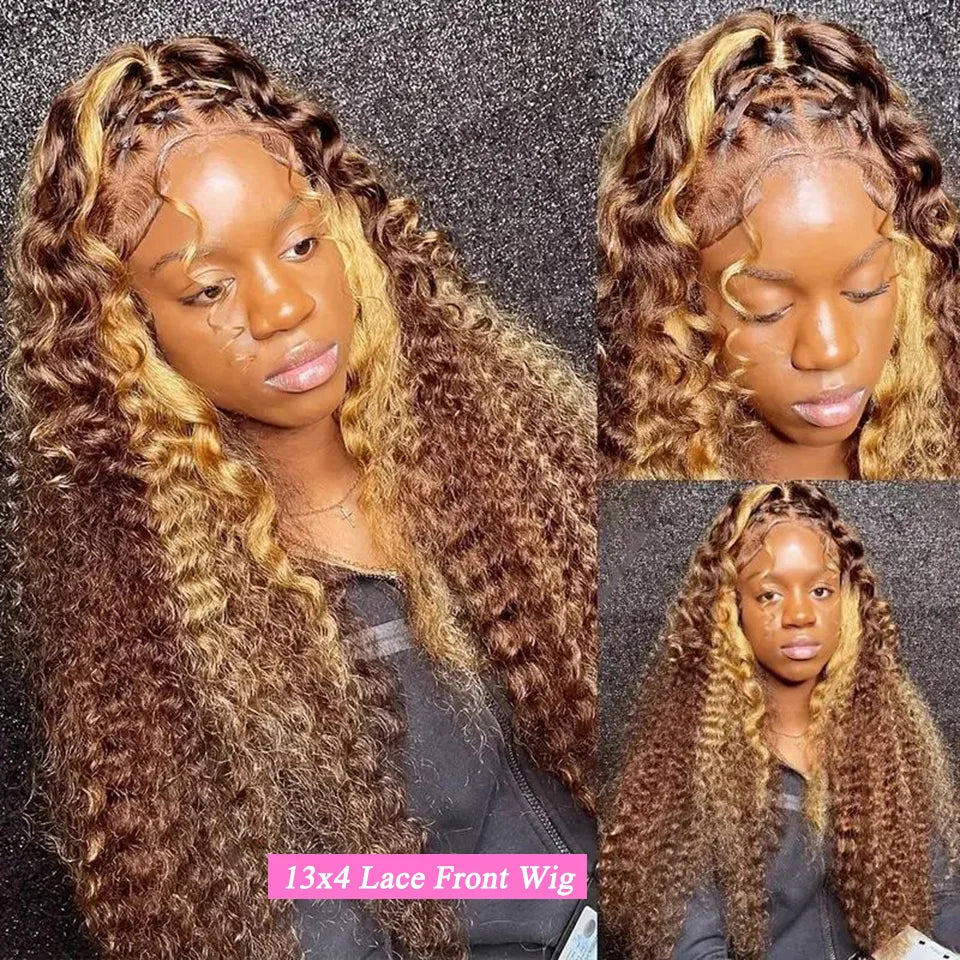 30 Inch Curly Wave Highlight Human Hair Wigs High Density Lace Front Wigs Colored Brazilian 13x6 HD Transparent Lace Frontal Wig