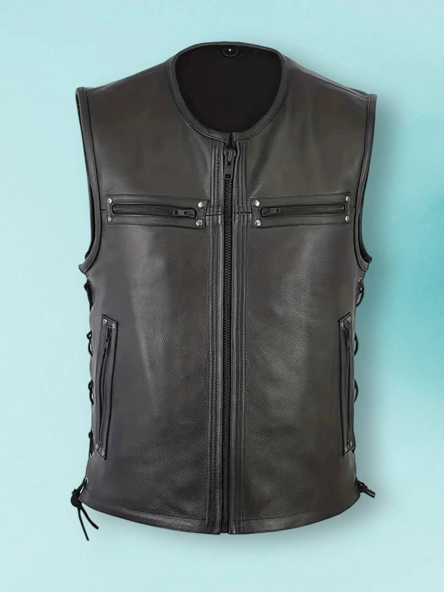 Stylish Men s Biker Vest in Genuine Leather with Multiple Pockets and Zipper Closure for a Trendy Sleeveless Look