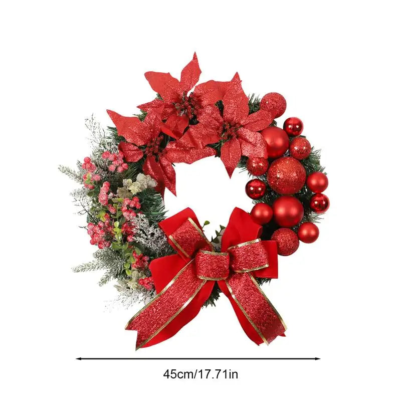 45CM Christmas Front Door Wreath Artificial Pine Needle Winter Wreaths Poinsettia Flowers Holiday Wreath with Ball Ornaments