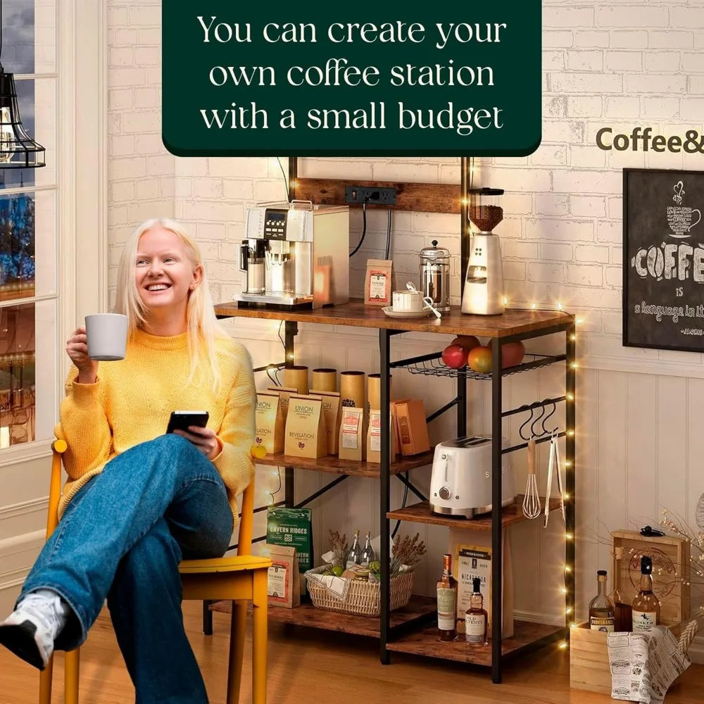 Kitchen Bakers Rack with Power Outlet & Hangers - 35.5x15.7x51.6 Kitchen Storage Rack Useful as Microwave Stand, Coffee Station