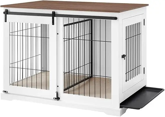 Dog Crate Furniture With Sliding Barn Door Stylish Double Doors Wooden Kennel With Tray And Cushion Decorative Indoor Pet House