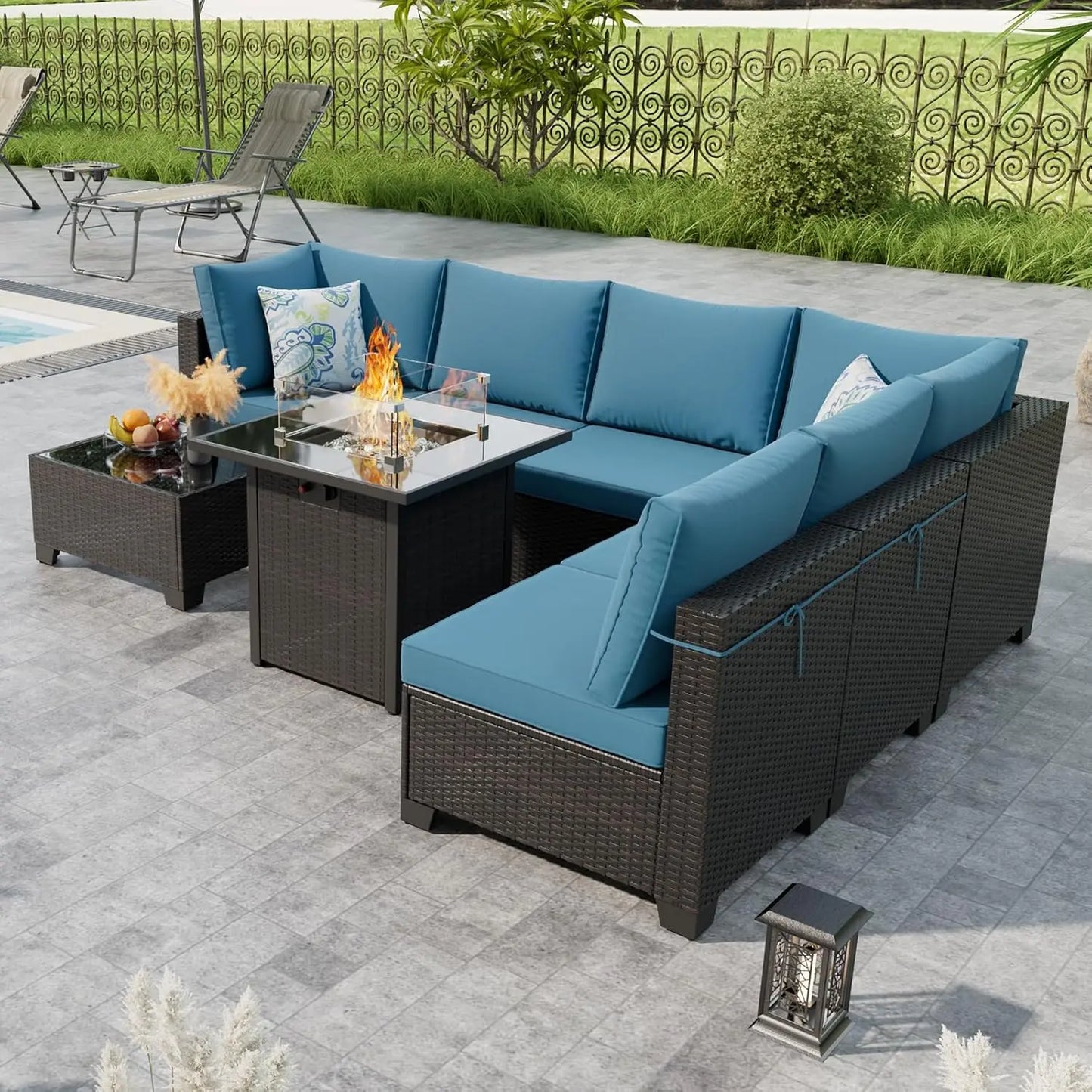 Patio Furniture Set With Fire Pit Table, 8 Piece Wicker Outdoor Sectional Set With Thick Cushions, Patio Sofa For, Customized