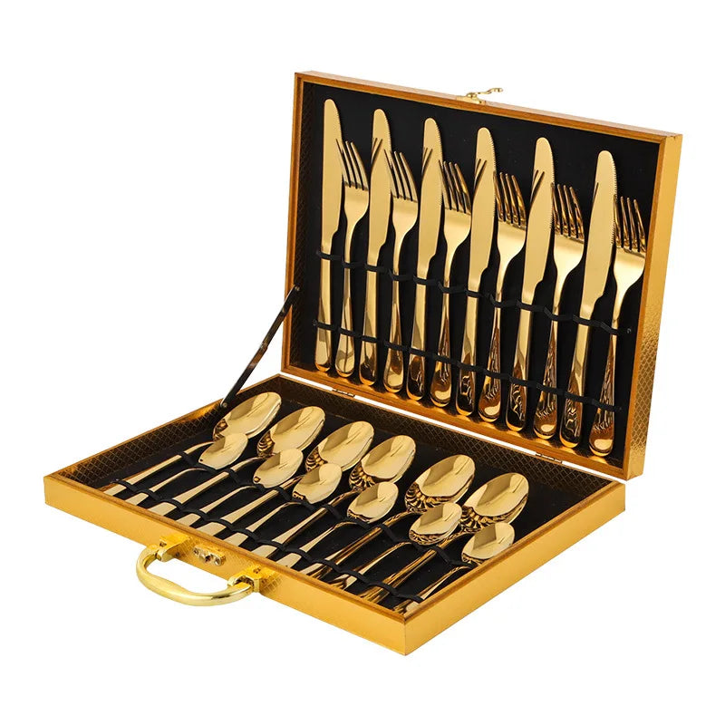 Stainless Steel Tableware Set of 24 Pieces, Wooden Box, Western Tableware with Four Main Items Knife, Fork and Spoon
