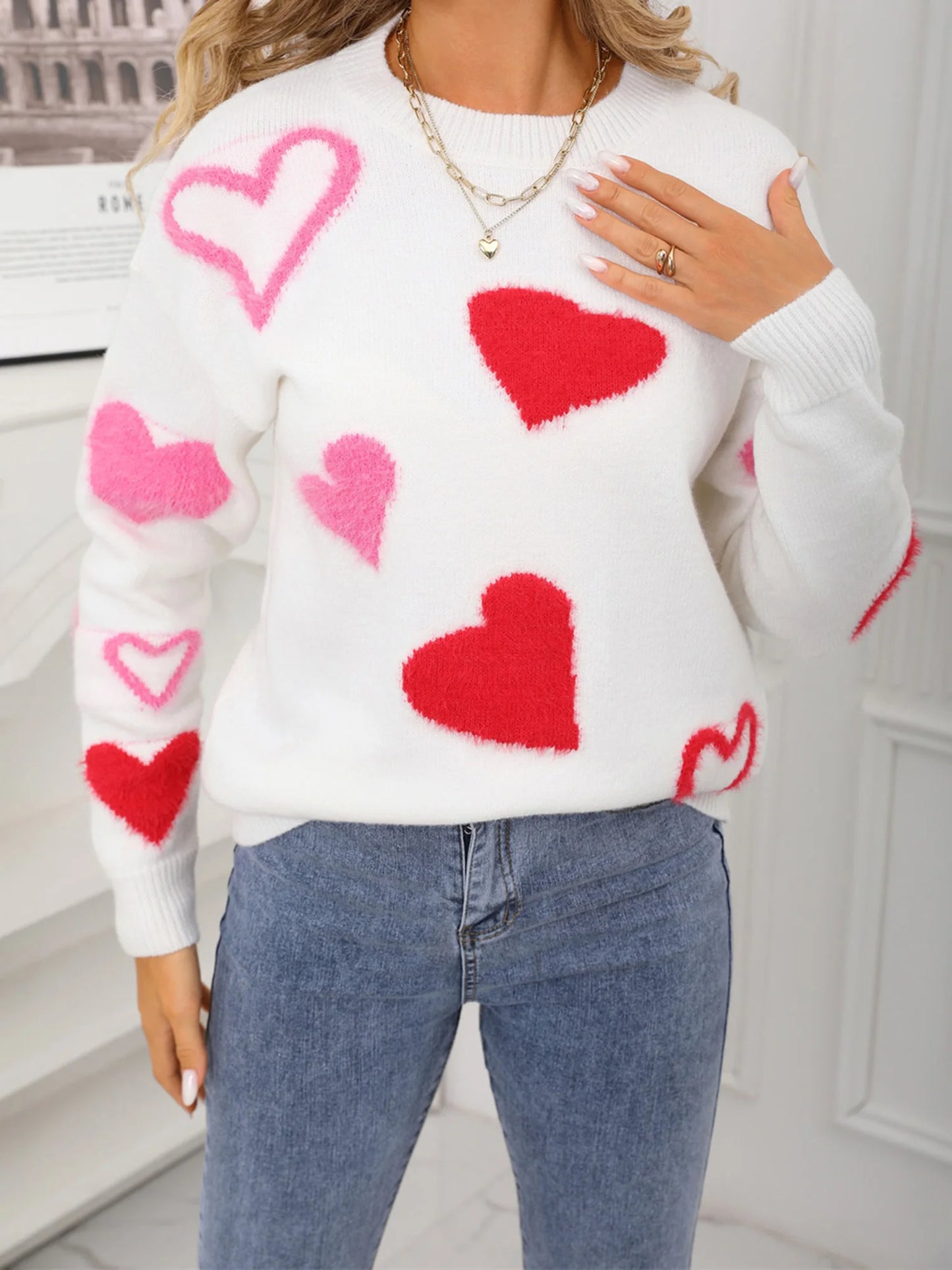Valentine s Day Women s Sweater with Heart Pattern Long Sleeve Round Neck Knit Pullover Top for Winter Wear