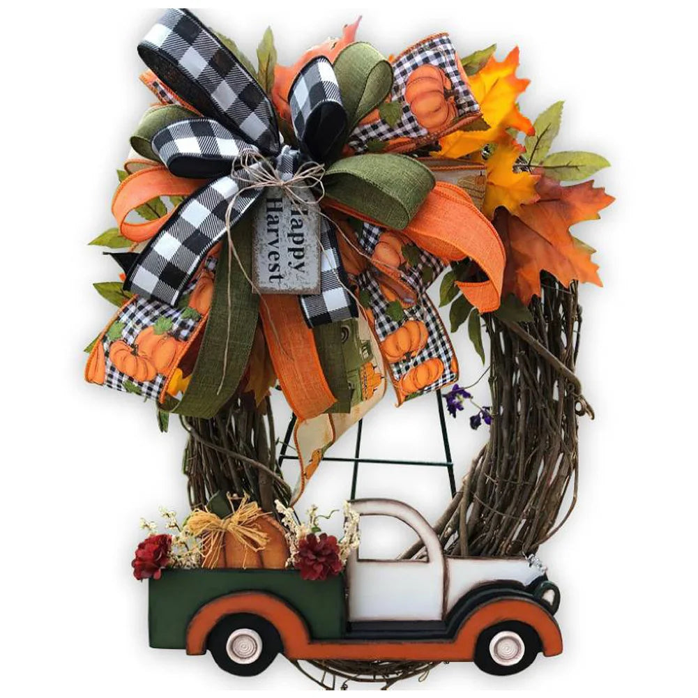 Farmhouse Pumpkin Cart Wreath Halloween Pumpkin Truck Wreath for Thanksgiving Decoration