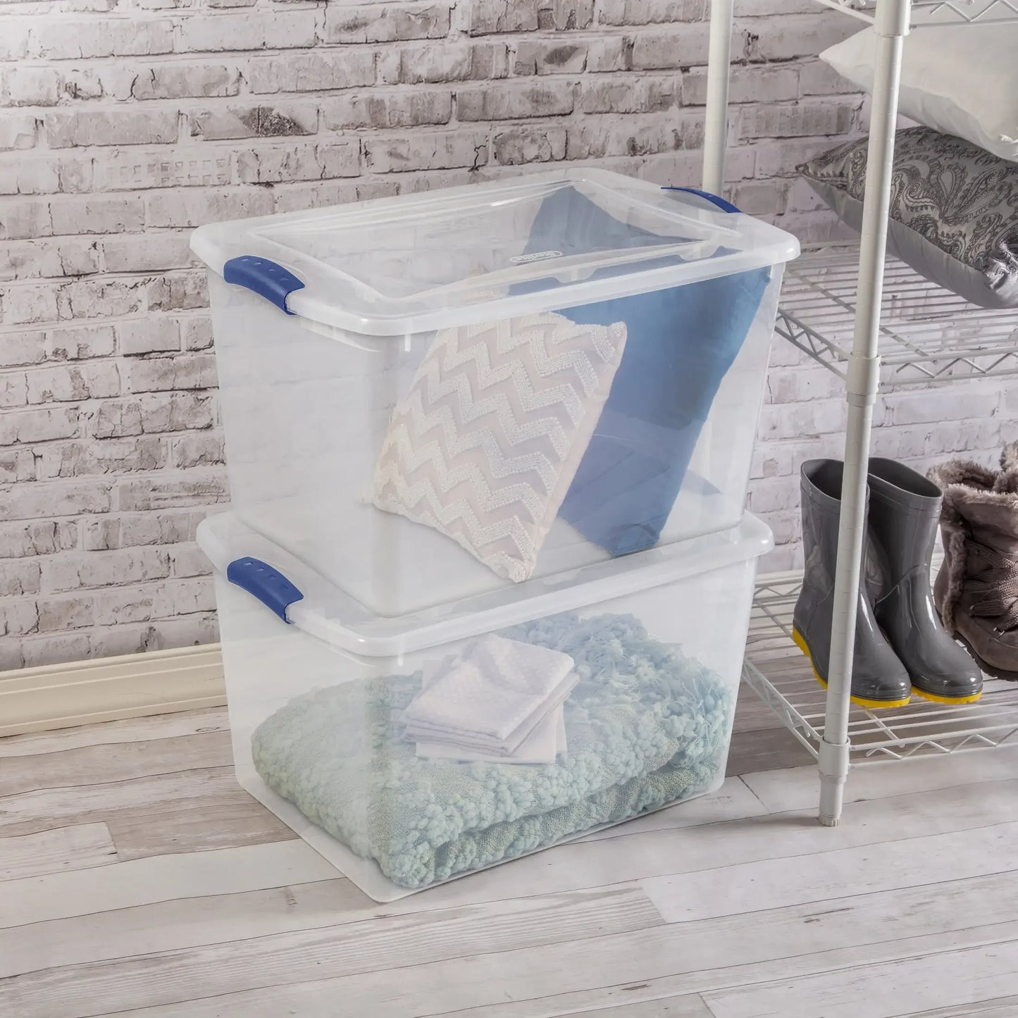 Large Storage Bin 66 Quart Clear Plastic Storage Container with Latch Lid Blue Pack of 6