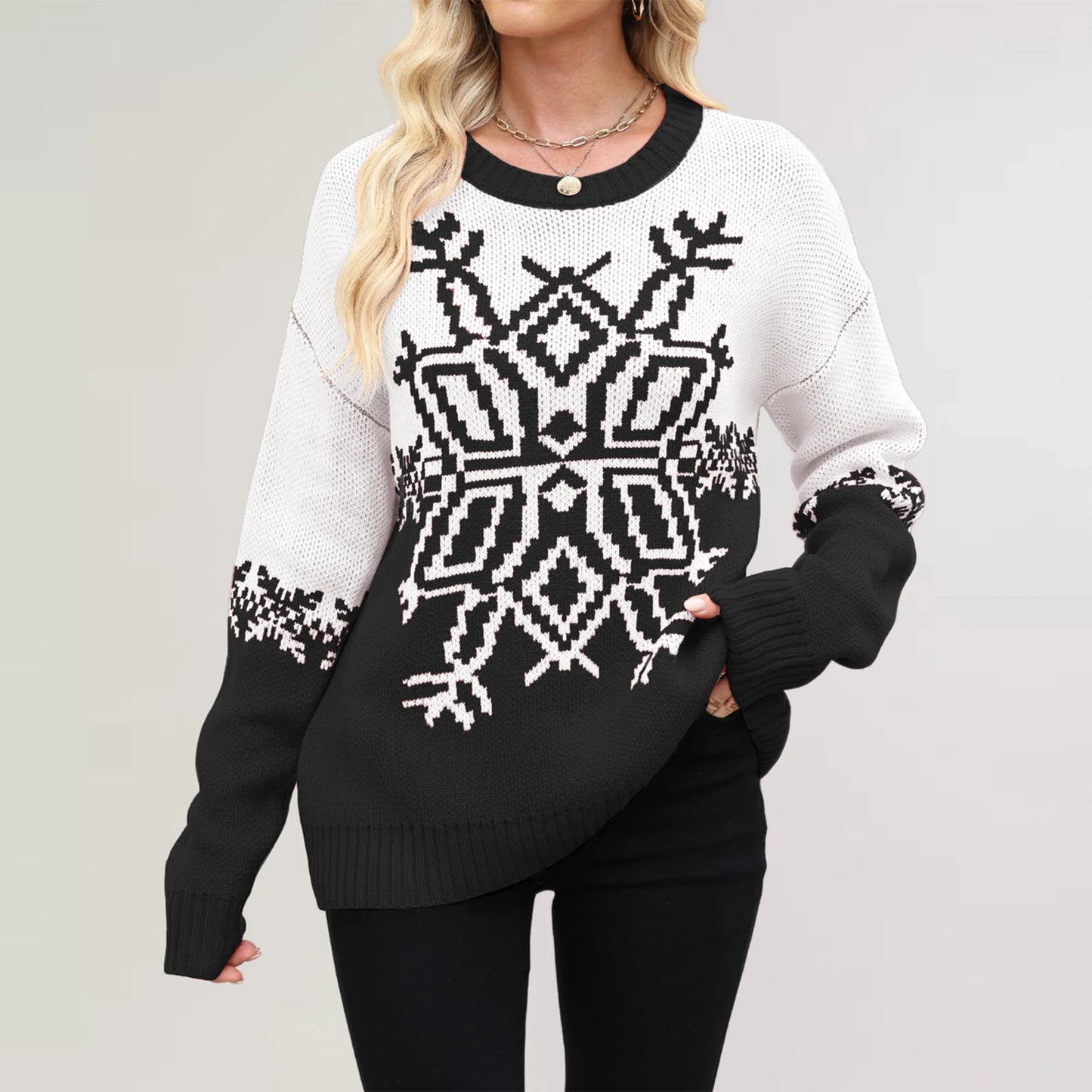 Women'S Fashionable Round Neck Long Sleeved Christmas Snowflake Sweater Casual Pullover Knitted Sweater Top Ropa De Mujer