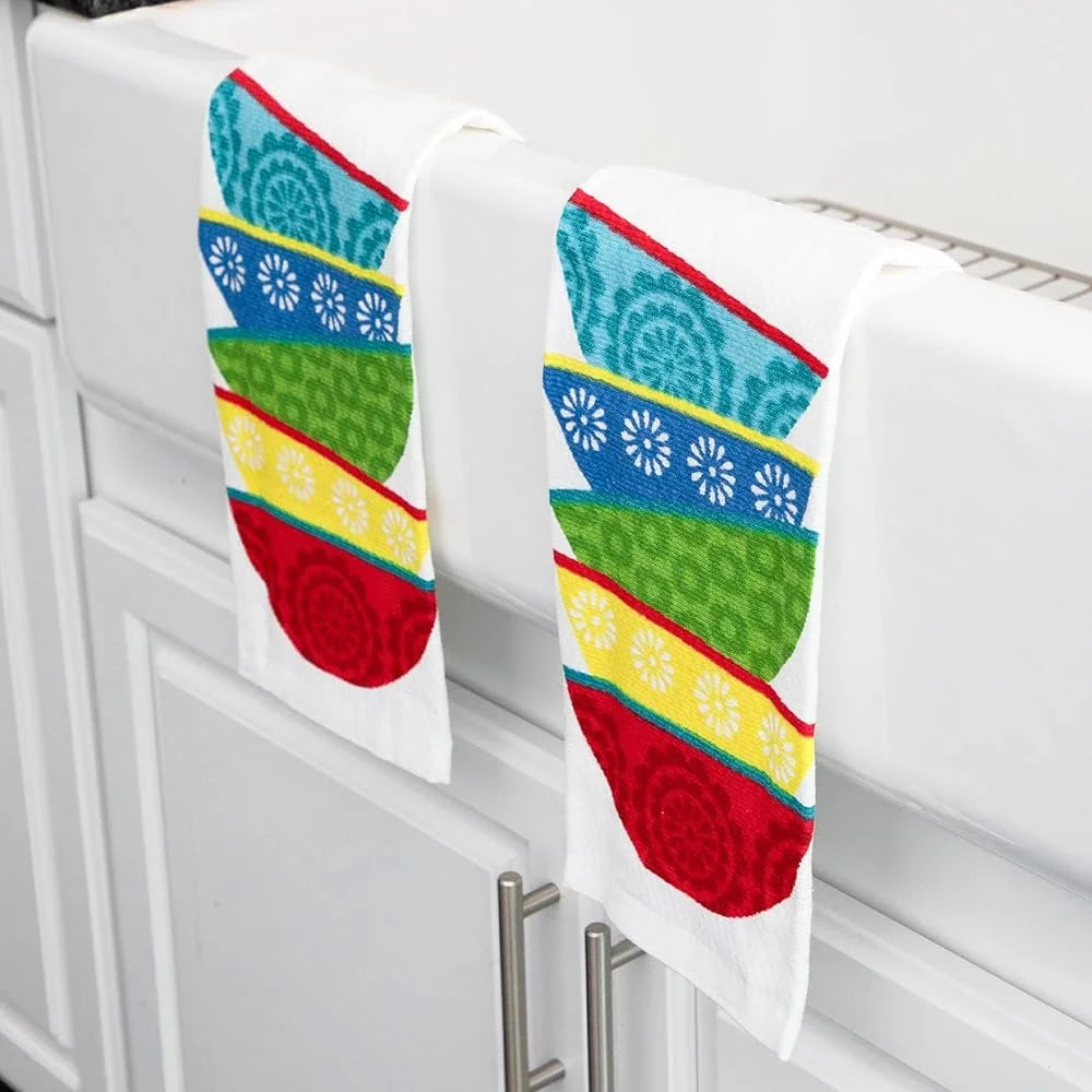 Double Sided Print Woven Cotton Kitchen Dish Towel Set 2-pack Lint-Free Absorbent Soft Machine Washable 16x26 Inch