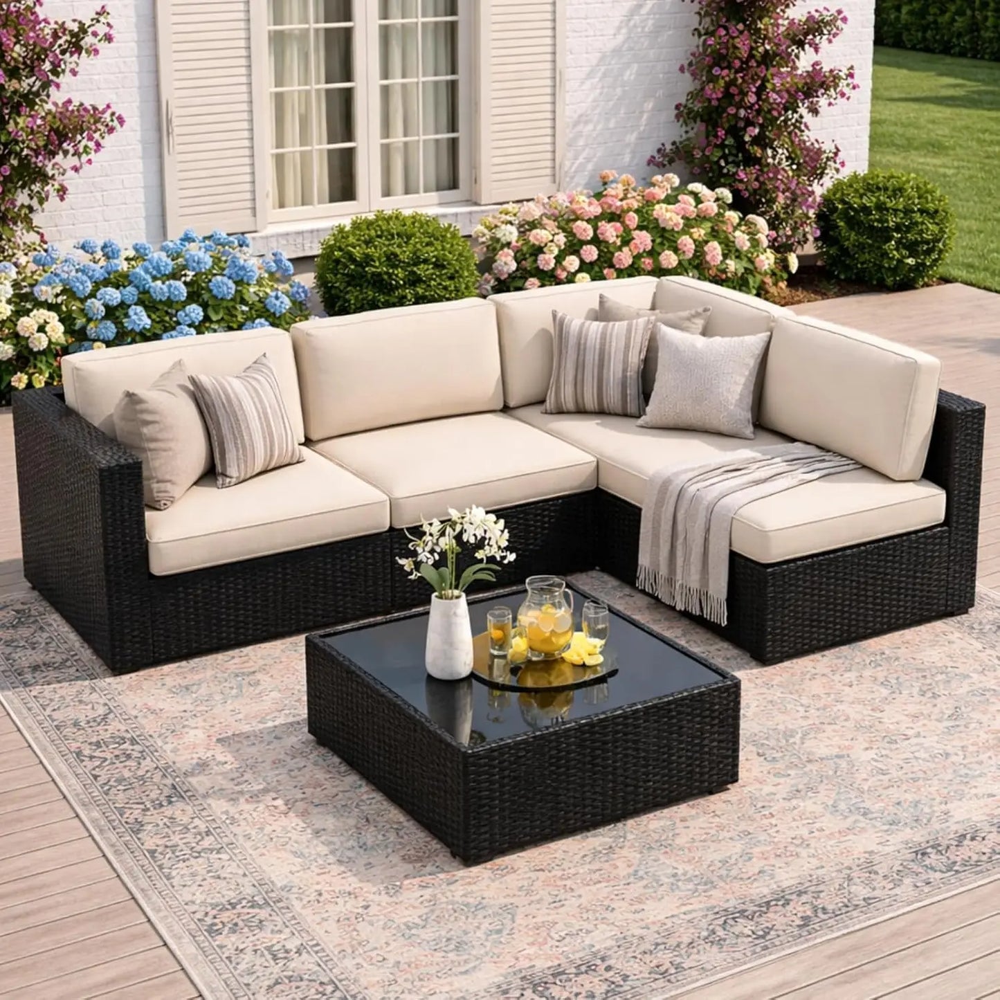 Patio Furniture Sets, 5-Piece Outdoor Patio Furniture with Thick Cushions, Wicker Outdoor Conversation Set, Customized
