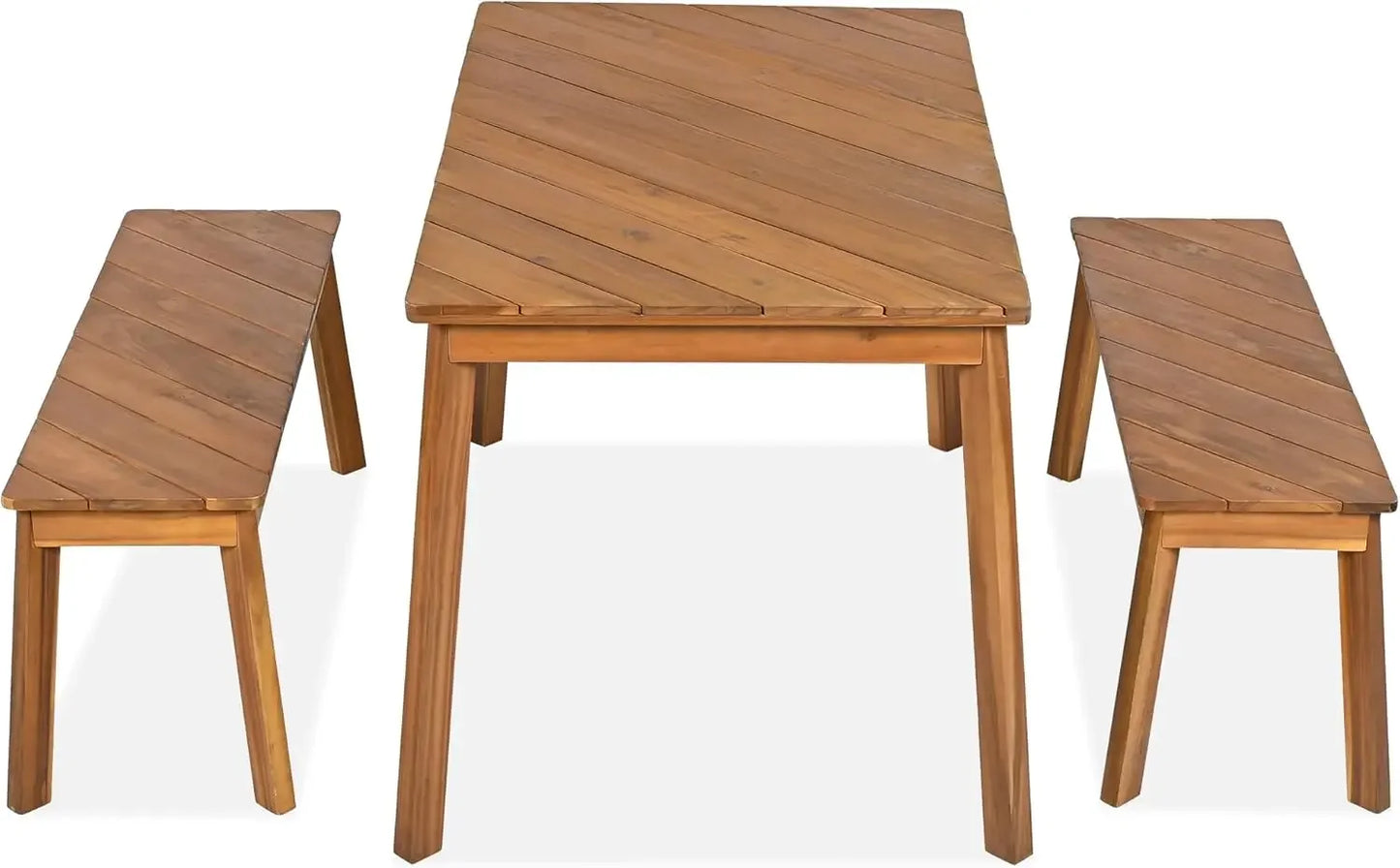 3 Pieces Acacia Wood Table with 2 Benches Dining Set Outdoor Indoor Furniture, Picnic Beer for Patio, Porch, Garden, Poolside -