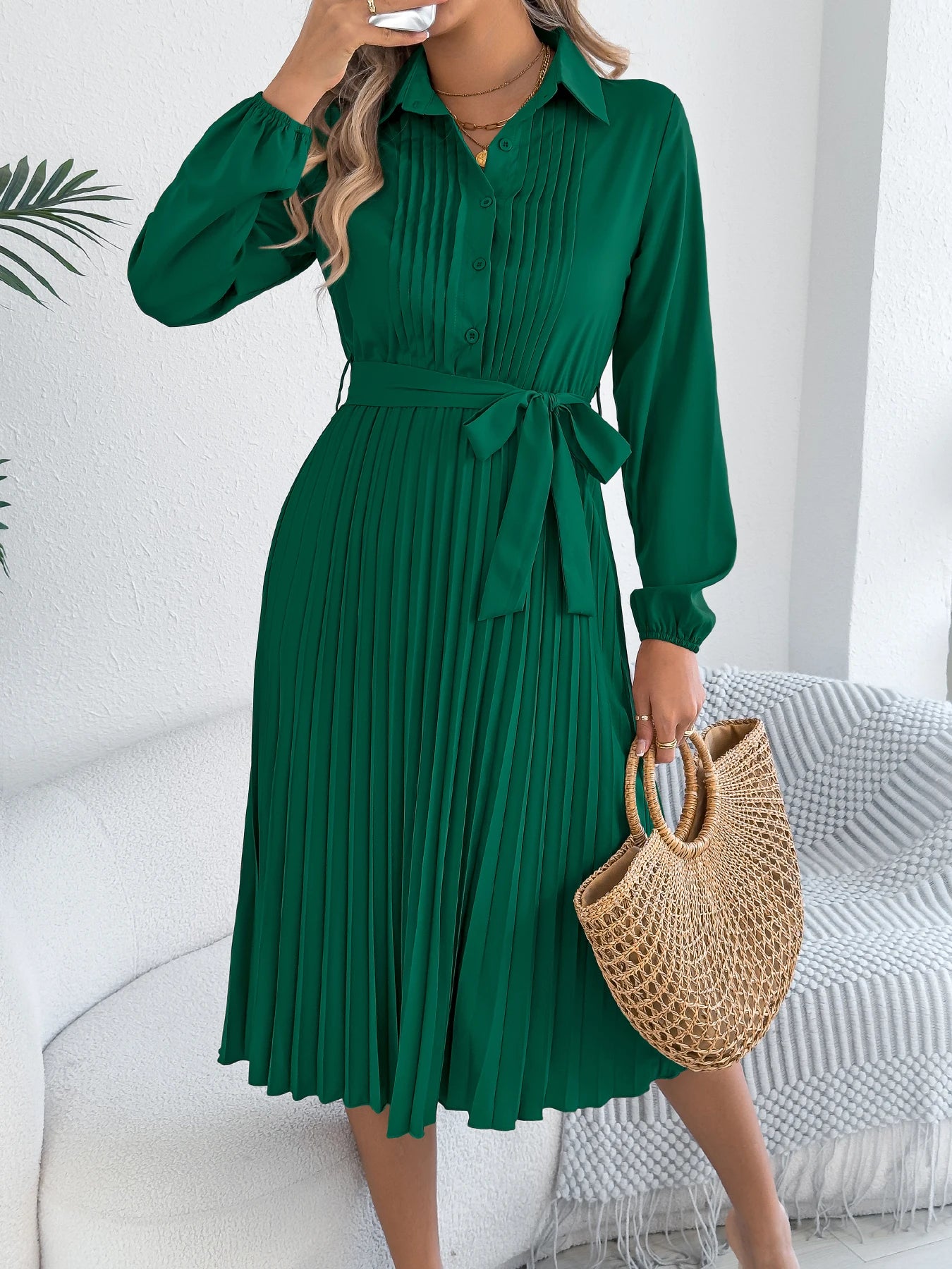 Elegant Maxi Dress for Autumn Winter Lapel Tie Waist Solid Color Long Sleeve Dresses Green Khaki Red Woman Clothing 2025
