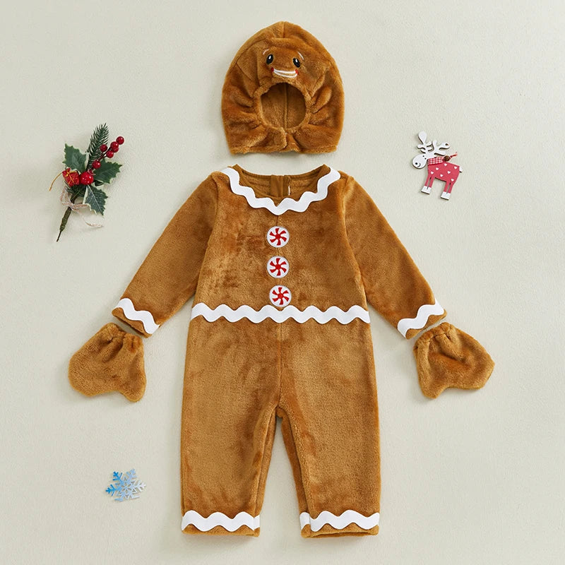 Gingerbread Man Costume Set with Ric Rac Trim Fleece Jumpsuit Hat and Gloves for Christmas and Halloween Party Fun