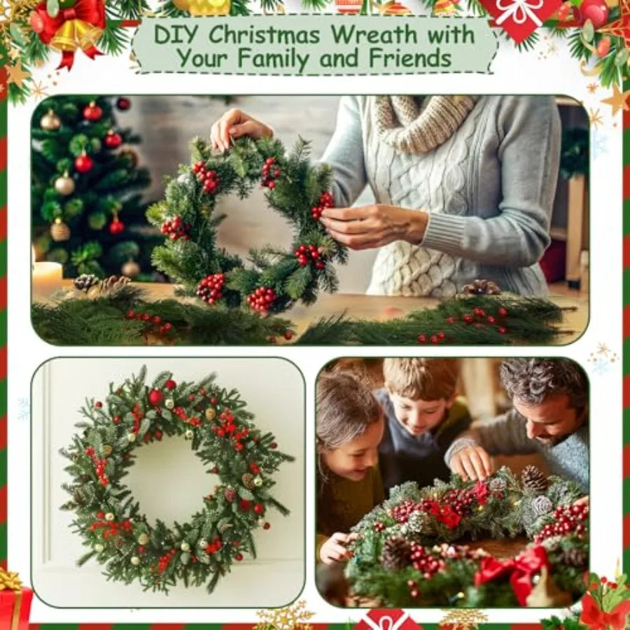 70PCS Artificial Pine Branches Christmas Greenery Artificial Pine Needles Branches with Red Berry Stems Fake Pine Branches Set