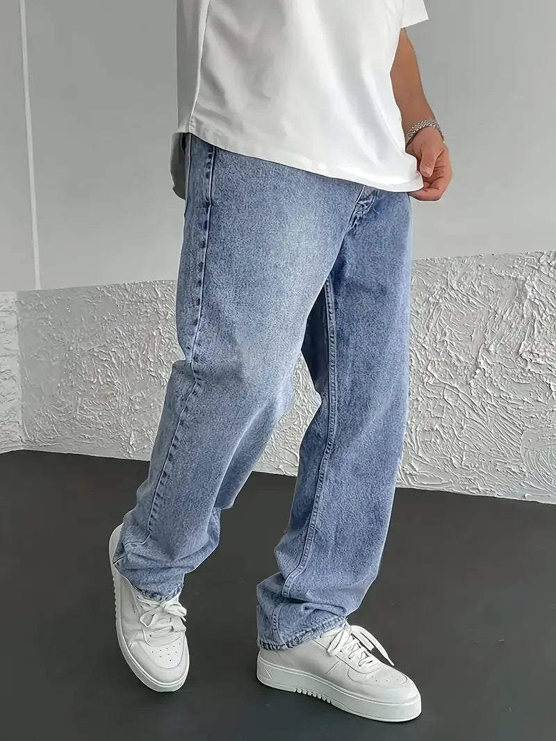 Men's Classic Straight-Leg Jeans - Casual Street Style, Non-Stretch Denim, Solid Color, All-Season Wear, Cotton Blend