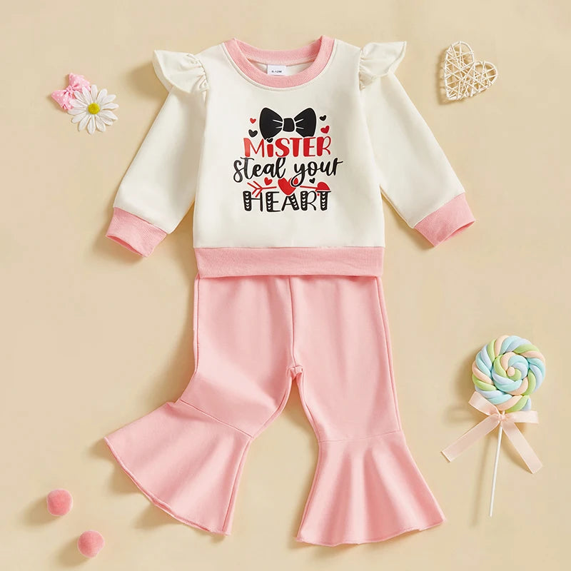 Toddler Girl Valentine s Day Heart Print Ruffle Sleeve Top and Solid Color Flare Pants Set for Baby Girls 2 Piece Outfit