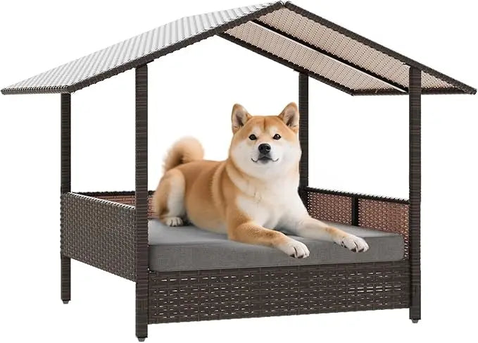 Wicker Dog Bed House for Small Medium Large Dogs Outdoor Indoor Rattan Pet Home Elevated Shelter with Cushion