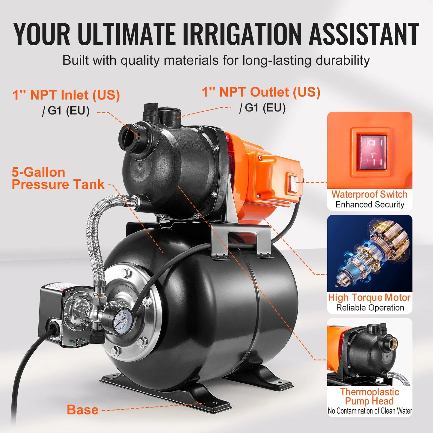 SucceBuy 1 HP Shallow Well Pump with Pressure Tank 1000 GPH 5 Gallon Tank Automatic Irrigation Water Booster Pump for Home Garden