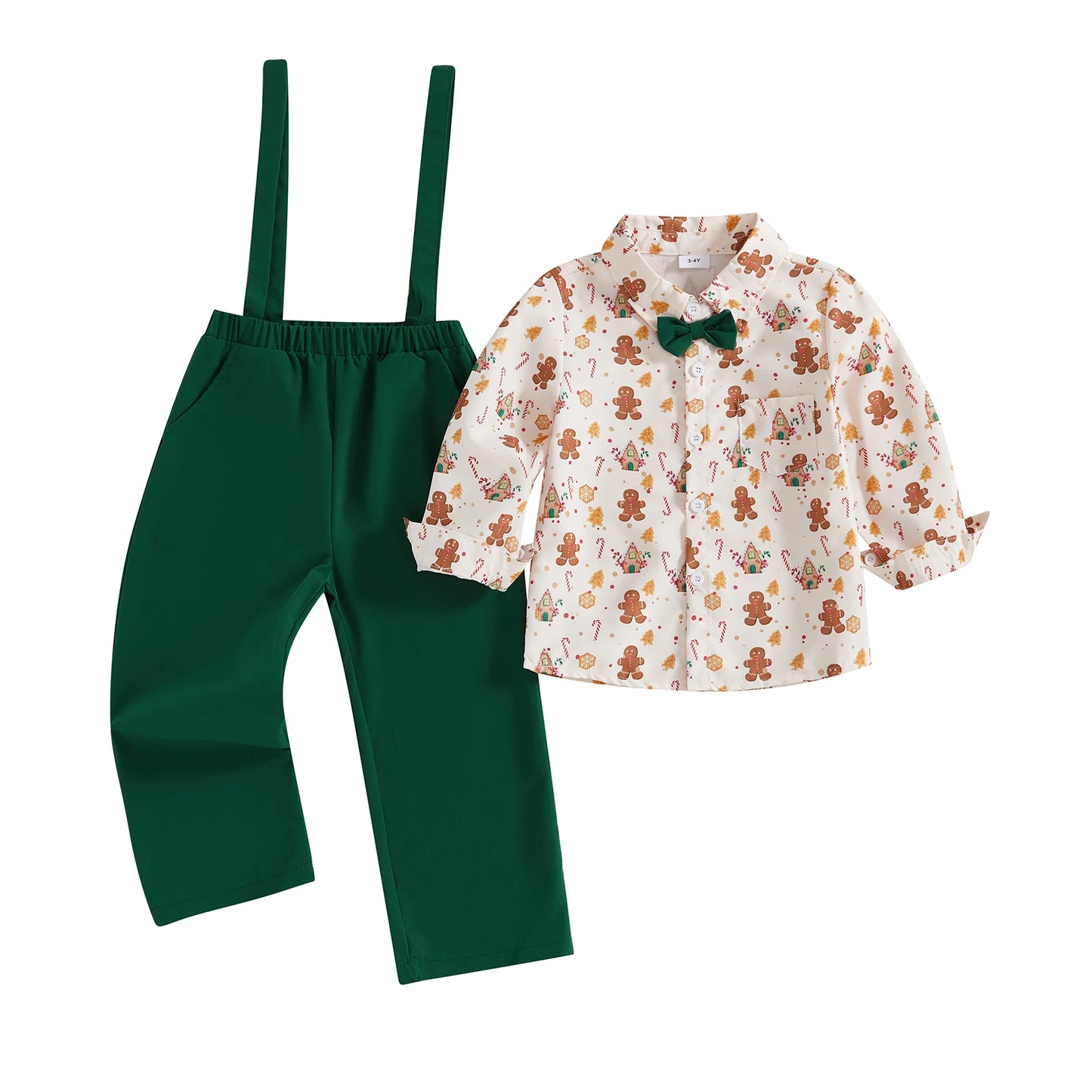 Toddler Baby Boys Clothes Set Christmas Gingerbread Pattern Long Sleeve Lapel Shirt Solid Color Overalls Pants 2Pcs Outfits