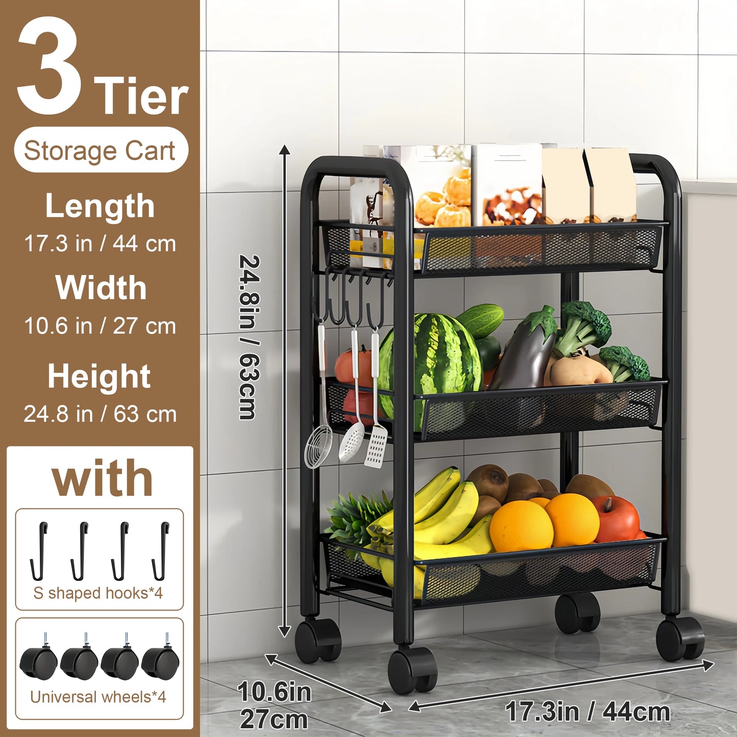 Multilayer Kitchen Storage Rack Metal Utility Cart Stackable with Wheels Multifunctional Shelf for Fruits and Vegetables