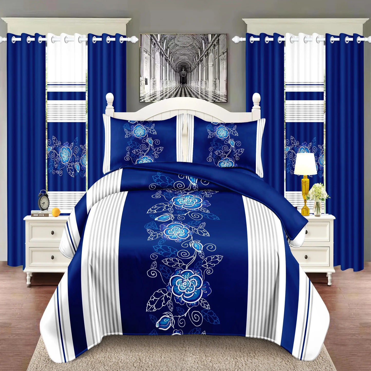 Royberry 9 Piece Thick Bedspread Set Blue and White Flower Warmth Includes Bedspread Pillowcases and Curtain Set Ideal for Bedroom Guest Room and Holiday Gift