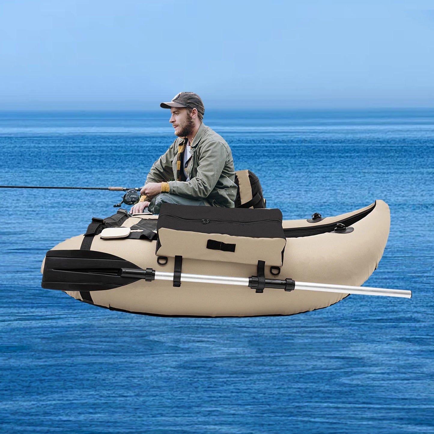 136*105cm Outdoor Khaki Inflatable Portable Fishing Boat Fit for Oceans Lakes Rivers for Rafting Exploring Fishing Accessories