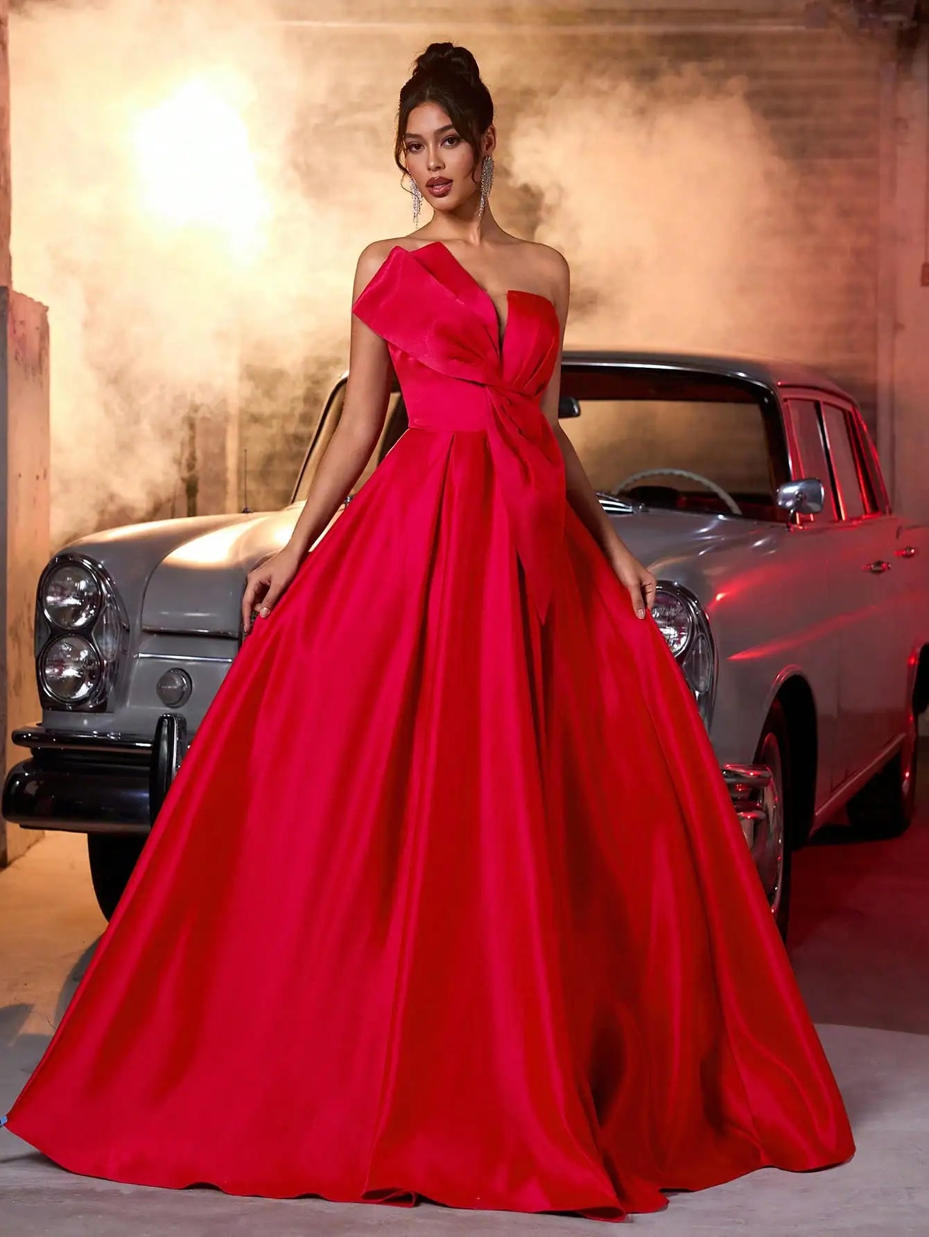 Red Satin One-Shoulder Maxi Dress with Large Bow & High Slit for Weddings, Parties, Evening Events